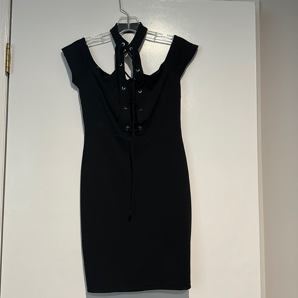 Solemio Lace Up Black Dress
